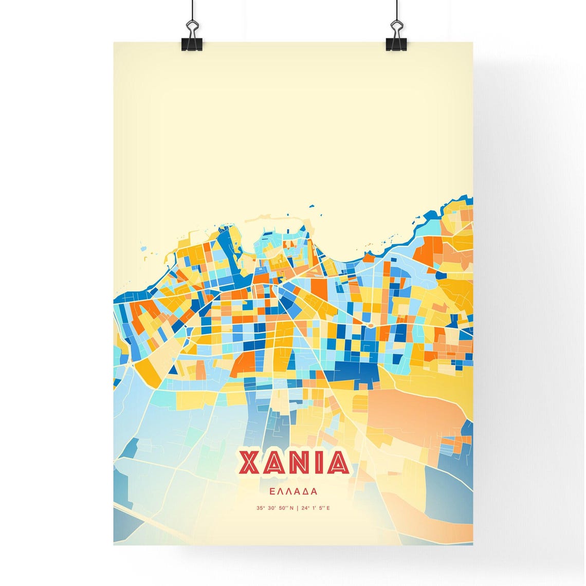 Vibrant Xania Chania Greece Coastal Blue Orange Map Art Poster - Image 3