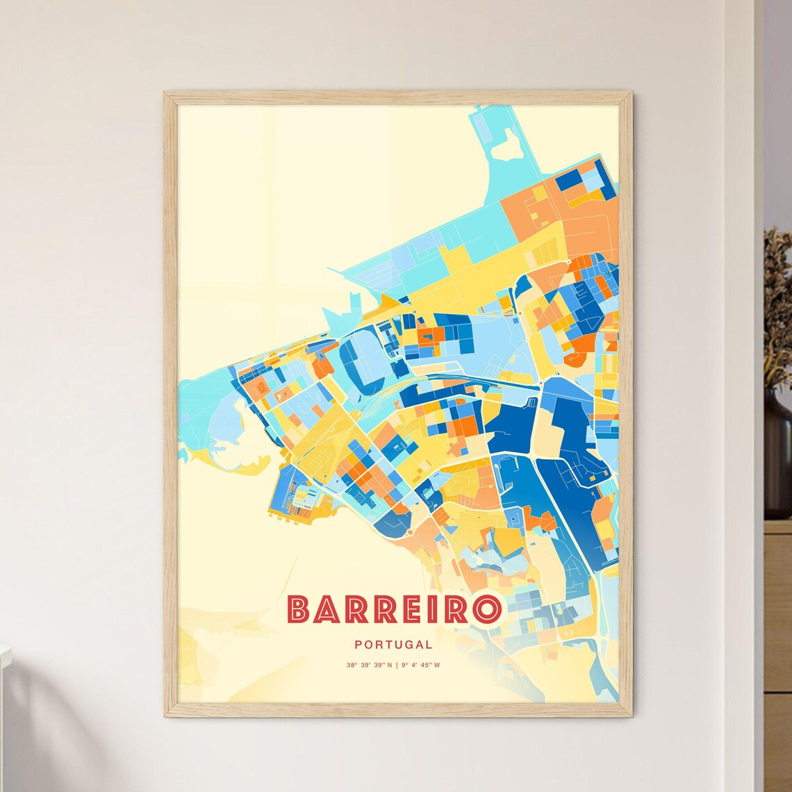 Bold Blue Orange Street Map Art Poster of Barreiro Portugal City - Image 3
