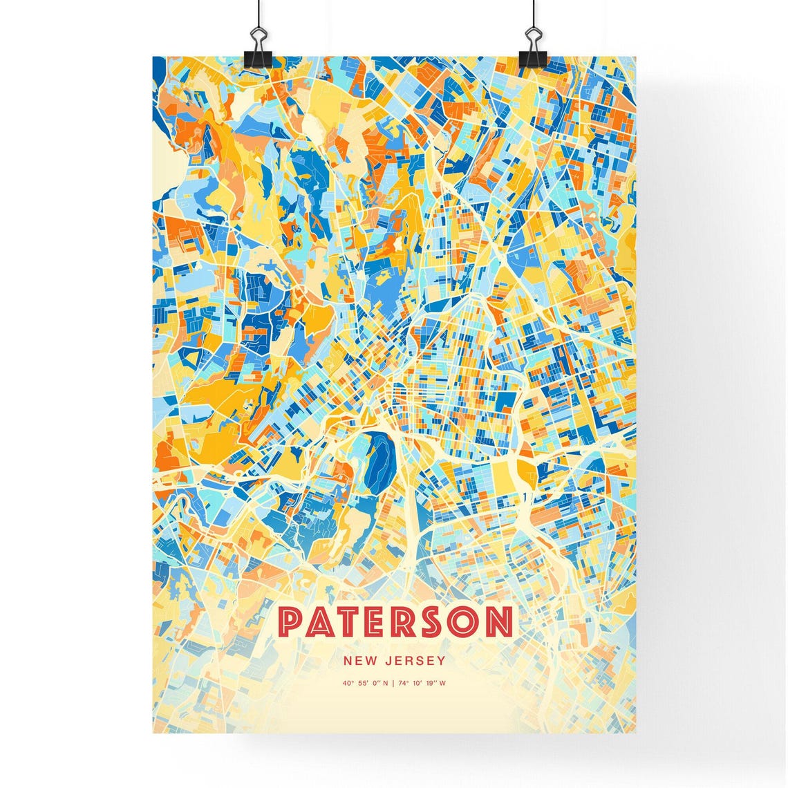 Paterson New Jersey Vibrant Modern Blue Orange City Map Art Poster - Image 3