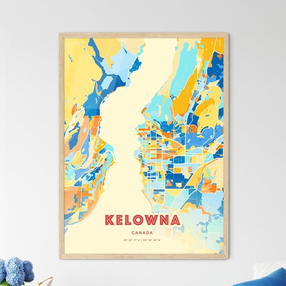 Kelowna Canada Colorful Blue Orange City Map Art Poster with Coordinates