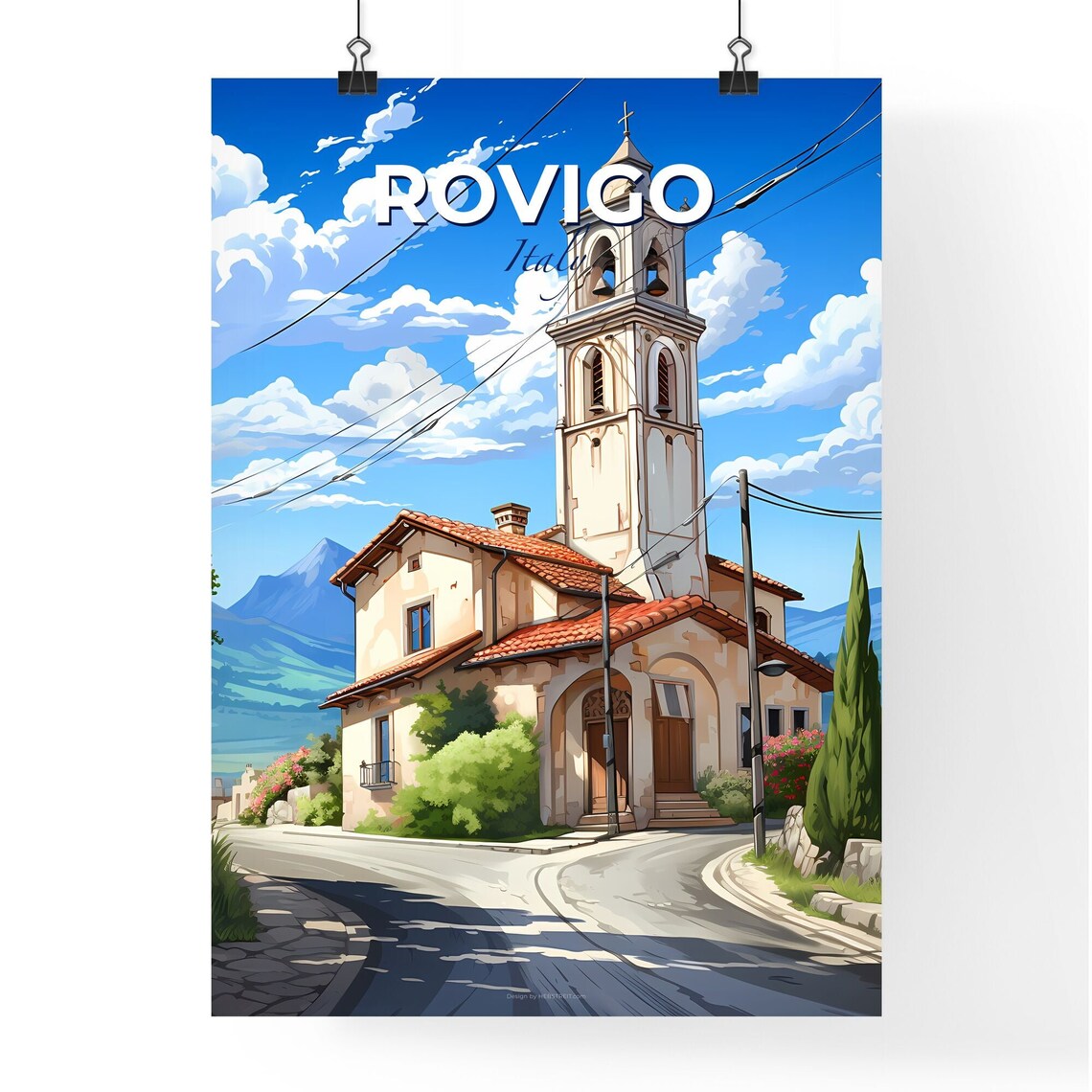 Rovigo Italy Bell Tower Country Church Mountain Sky Travel Poster - Image 4