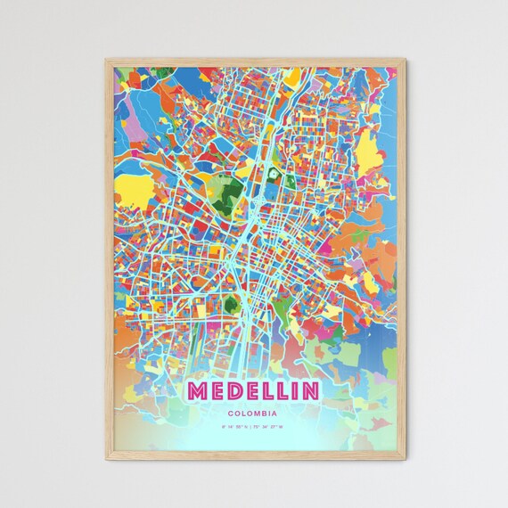 Medellin Colombia Bold Crazy Colorful Mosaic City Map Poster