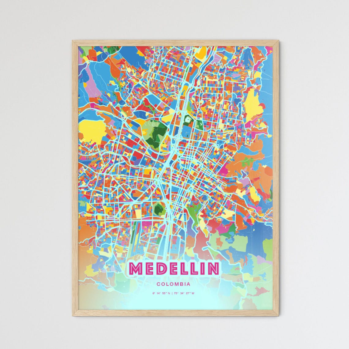 Medellin Colombia Bold Crazy Colorful Mosaic City Map Poster
