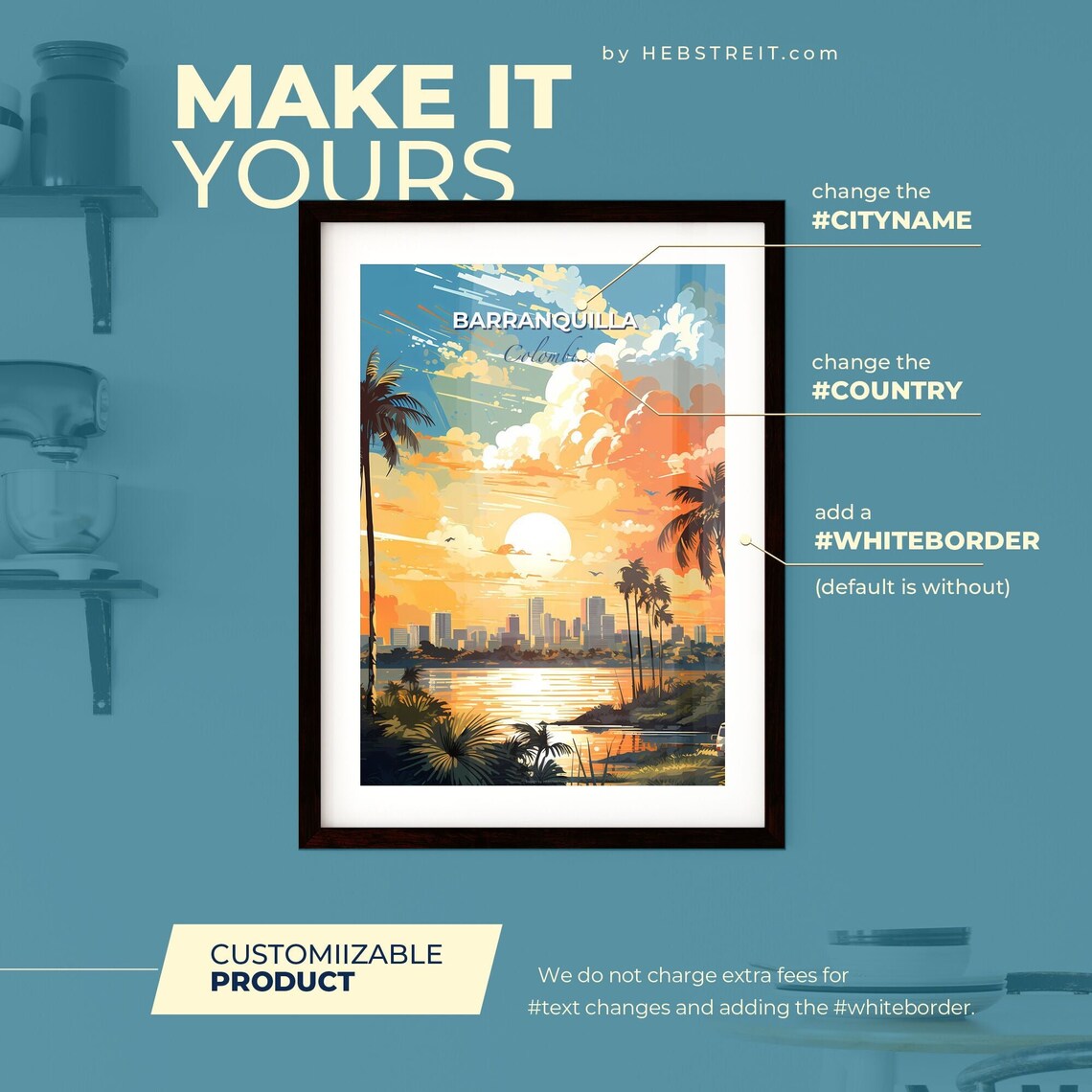Barranquilla Colombia Sunset Palms Skyline Tropical Travel Poster - Image 2