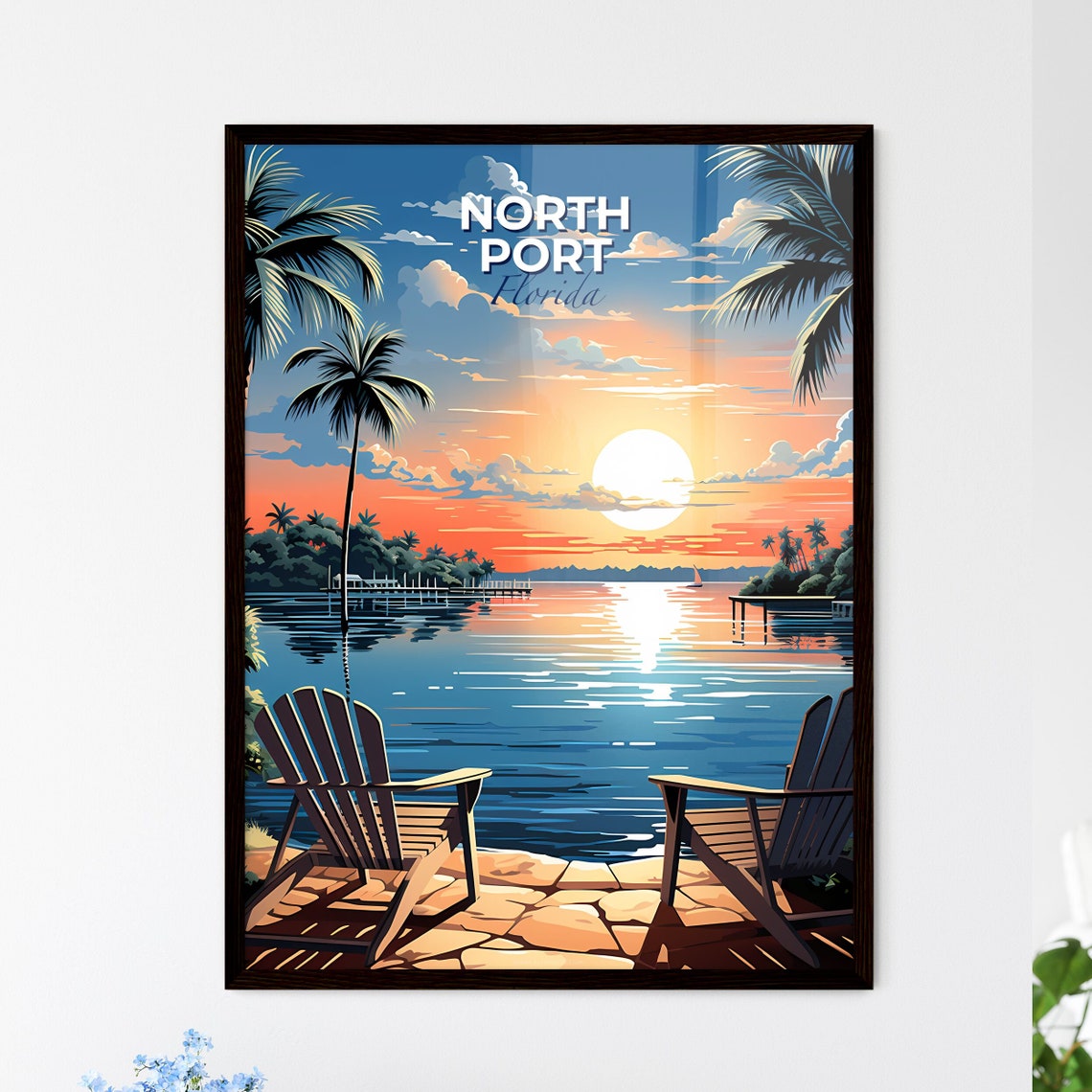 North Port Florida Waterfront Sunset Palm Trees Adirondack Poster