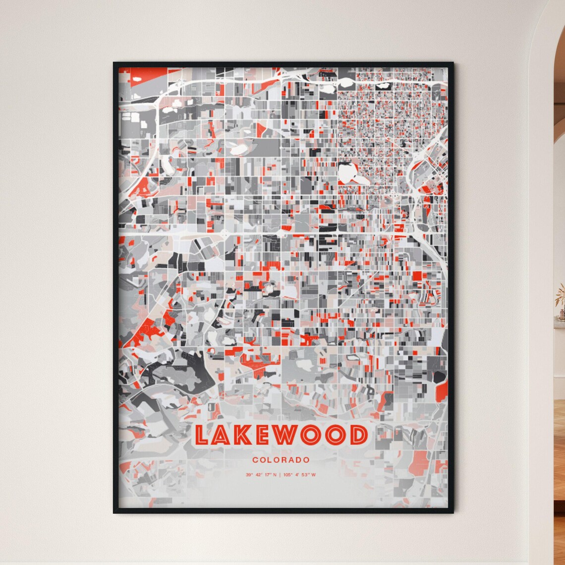 Lakewood Colorado Modern Red Expressive City Map Poster with Coordinates
