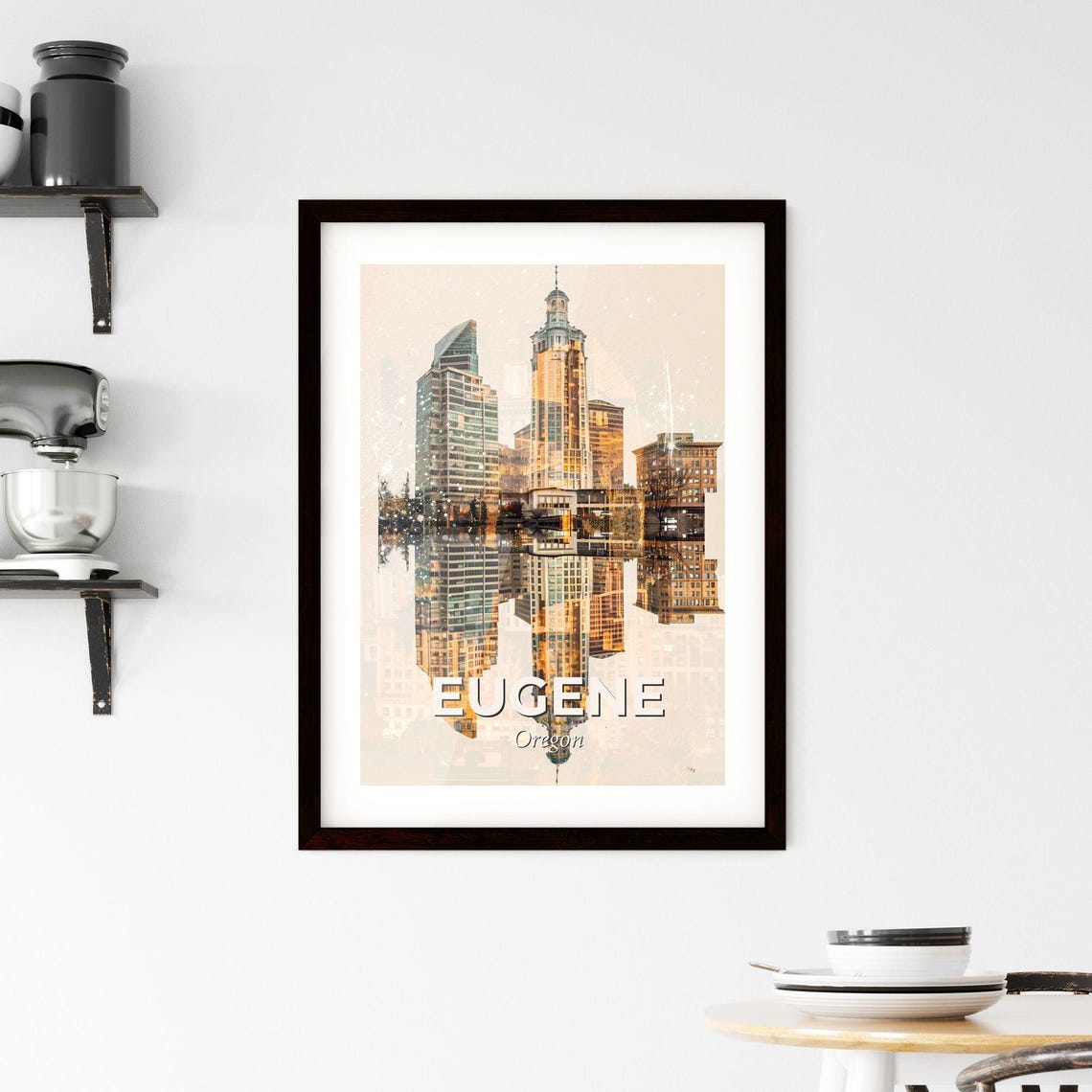 Eugene Oregon Mirrored Skyline Golden Double Exposure Poster - Image 2