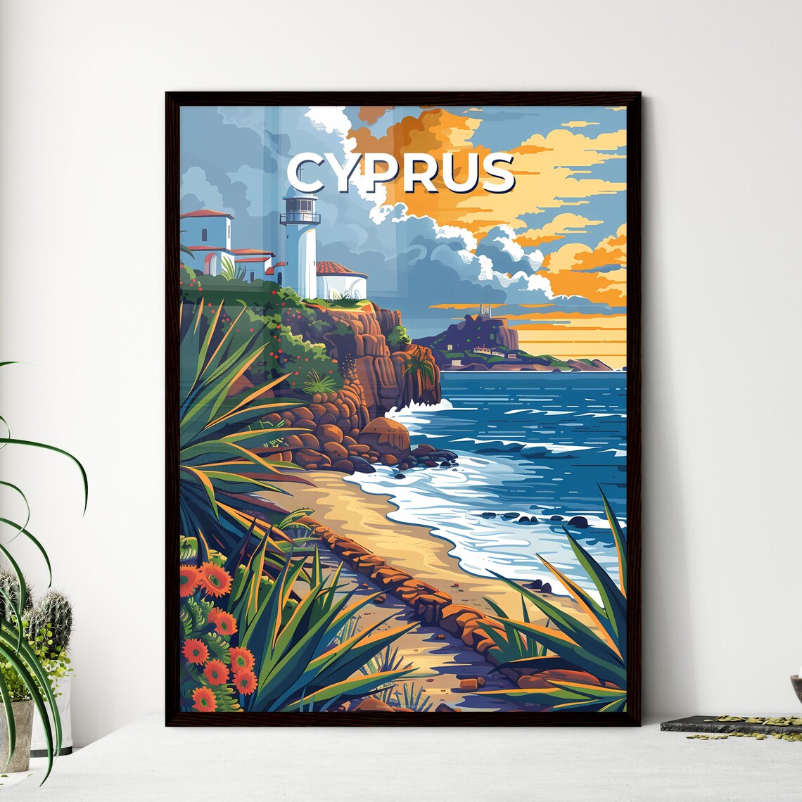 Cyprus Lighthouse Rocky Cliff Beach Sunset Vintage Travel Poster Art