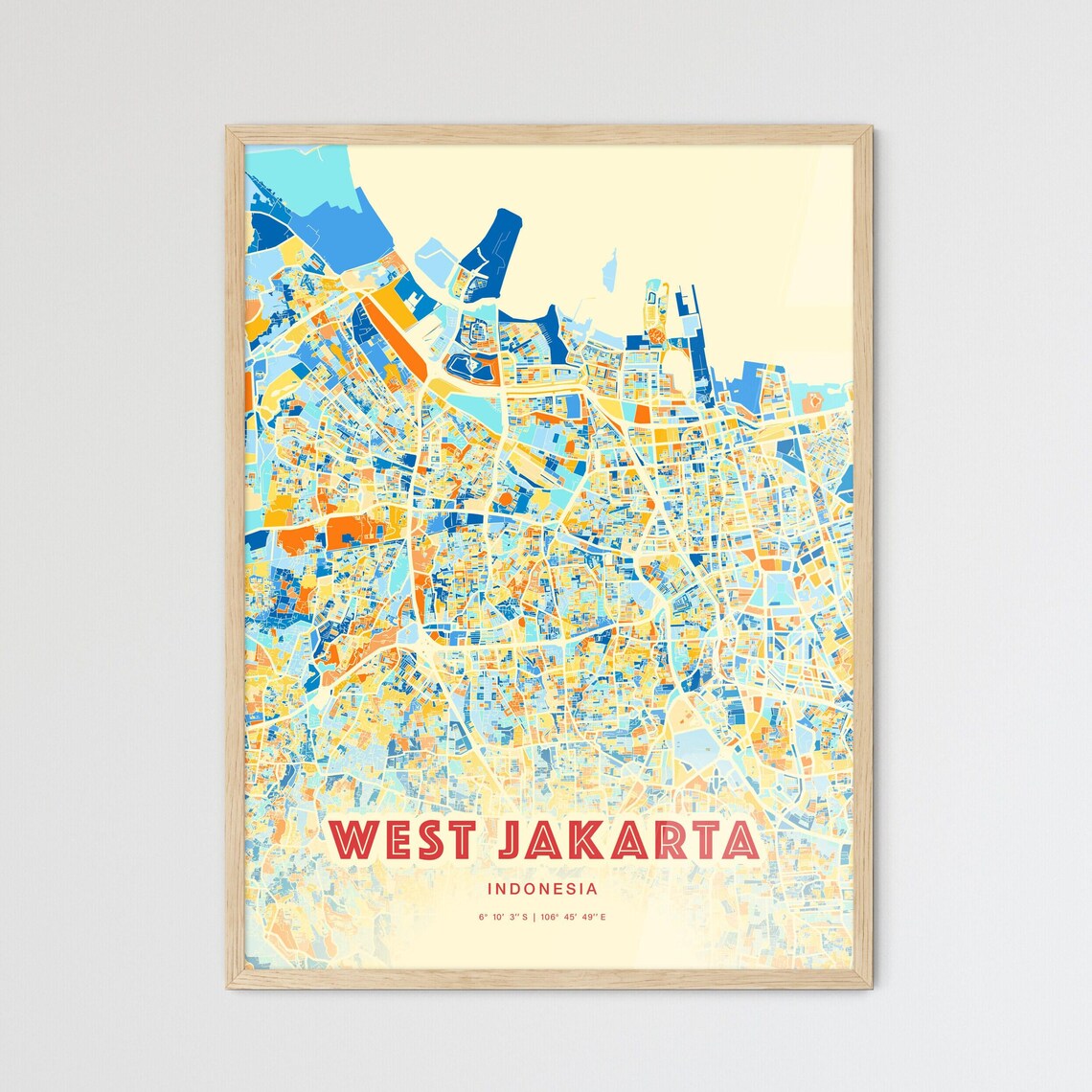 West Jakarta Indonesia City Map Blue Orange Modern Cartography Art Poster
