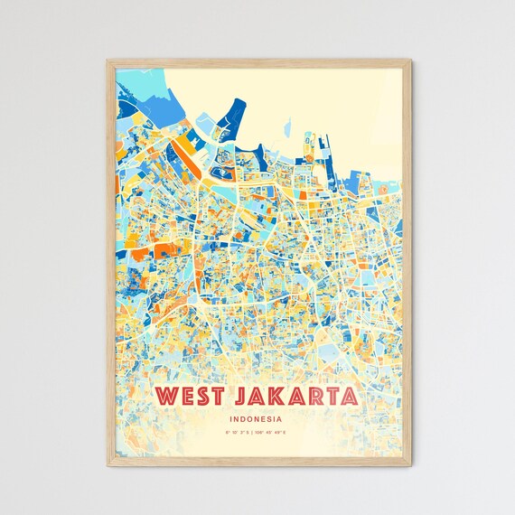 West Jakarta Indonesia City Map Blue Orange Modern Cartography Art Poster
