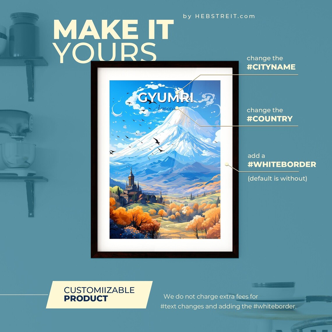 Gyumri Armenia Travel Poster With Snow Capped Mountain And Autumn Trees - Image 2