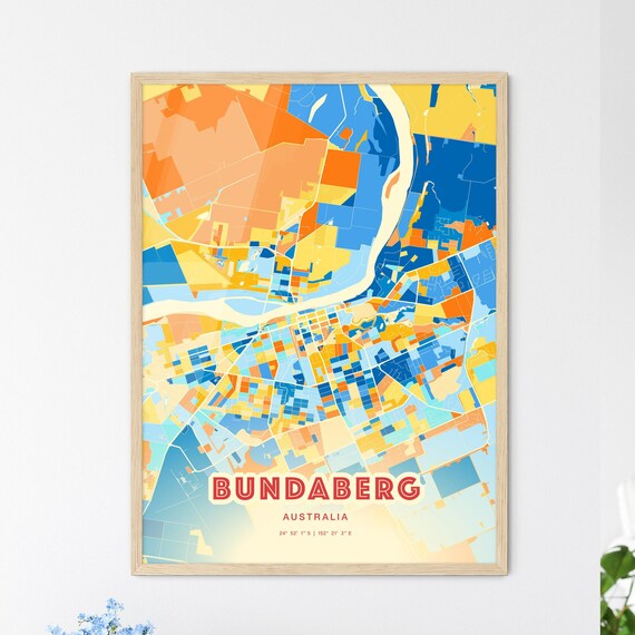Bundaberg Australia Colorful City Map Poster Blue Orange Queensland Decor