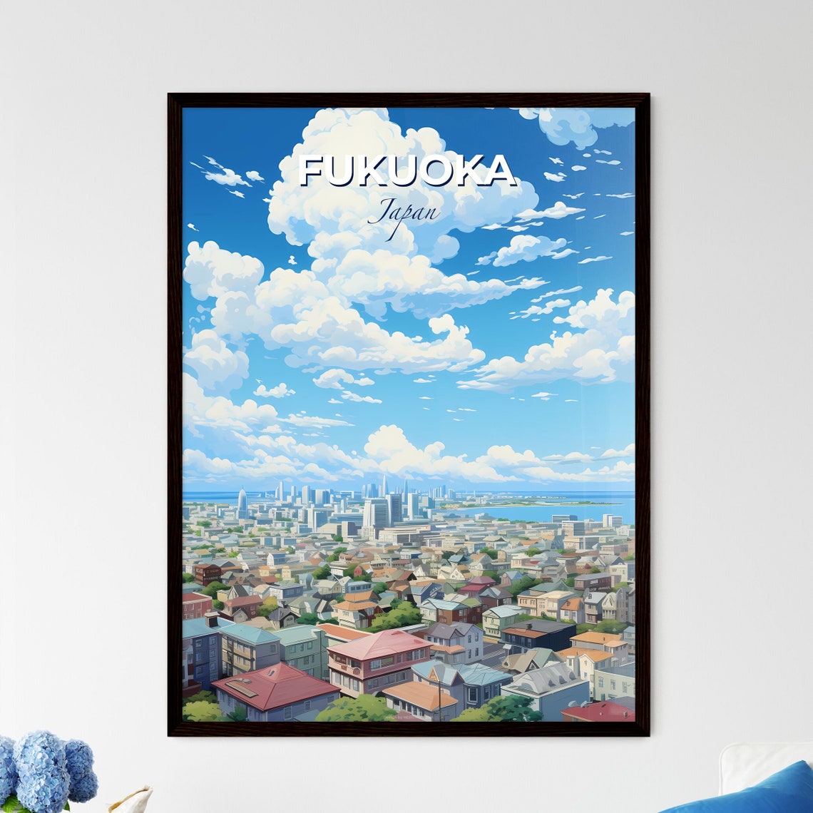 Fukuoka Japan City Panorama Bay Clouds Rooftop Travel Poster