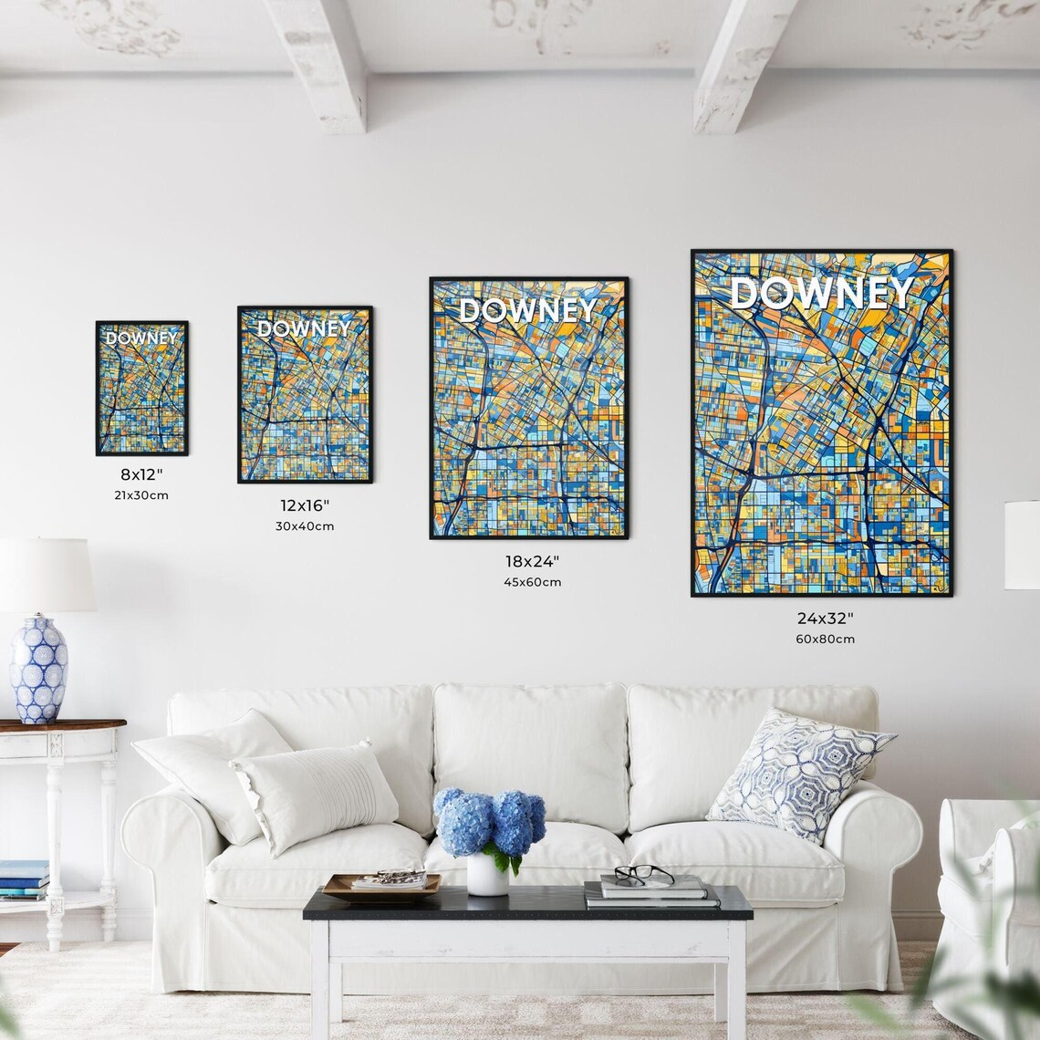 Downey California Colorful Blue Orange City Map Mosaic Poster - Image 3