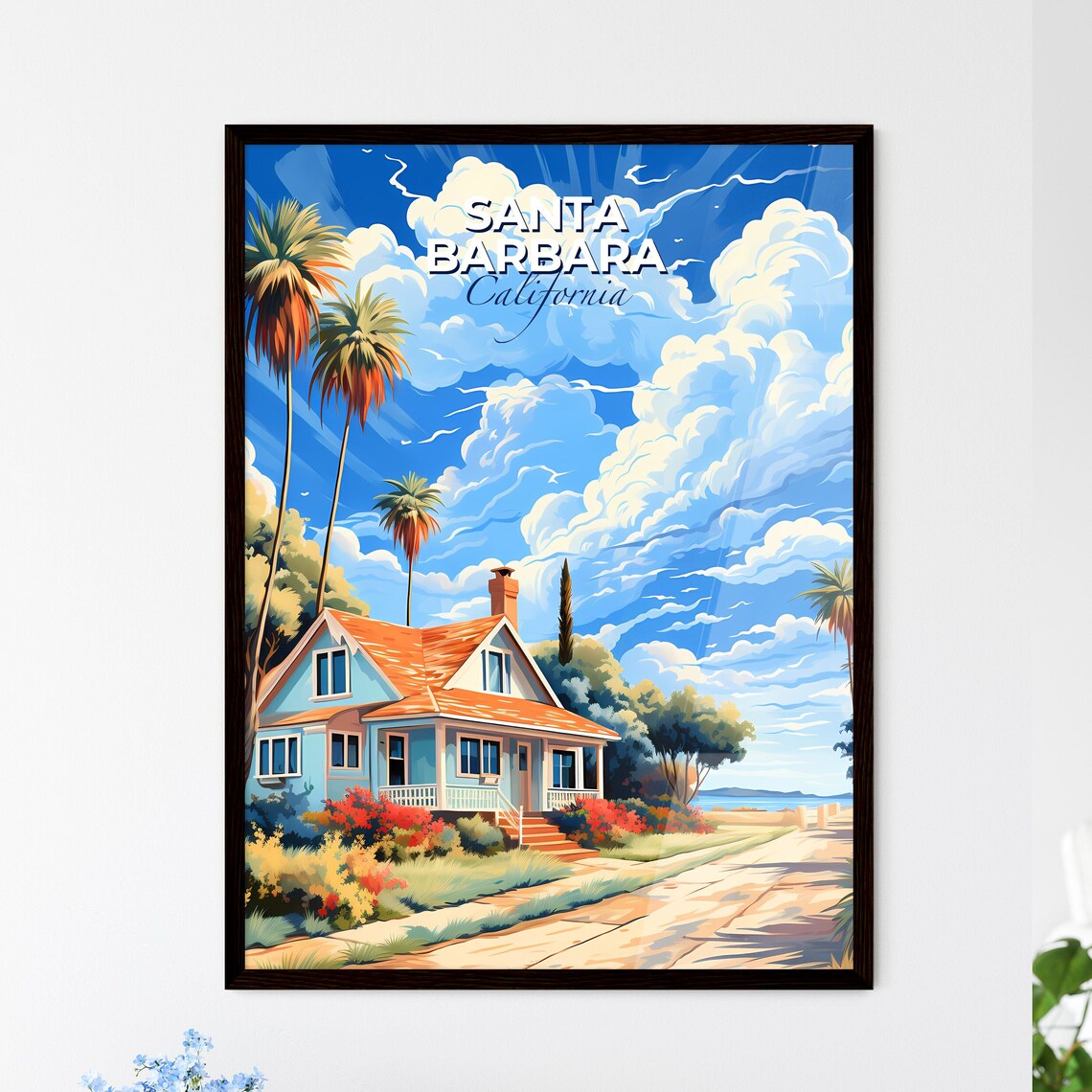 Santa Barbara California Beach Bungalow Palms Coastal Travel Poster