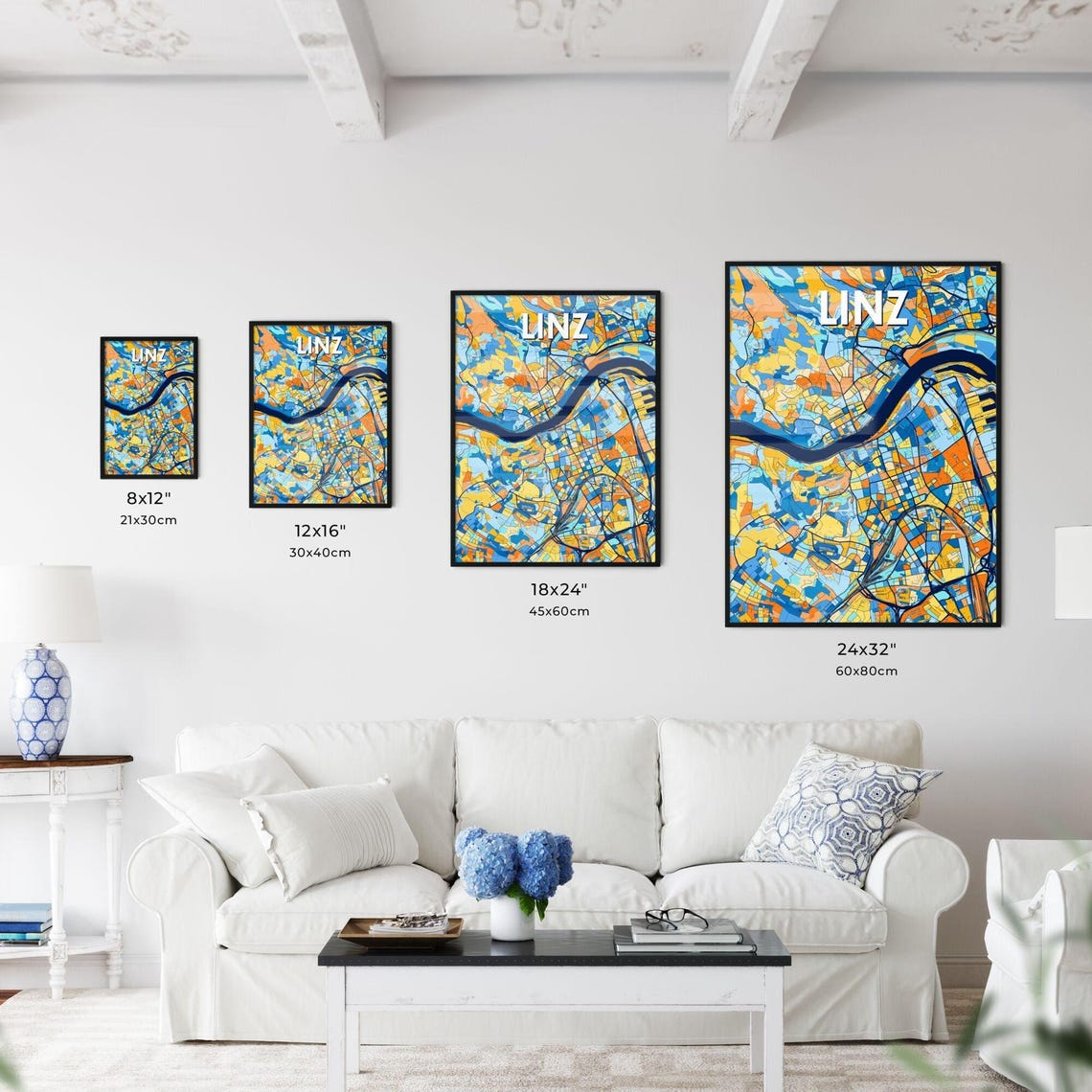 Linz Austria Bold Geometric City Map Art Poster in Blue and Orange - Image 3