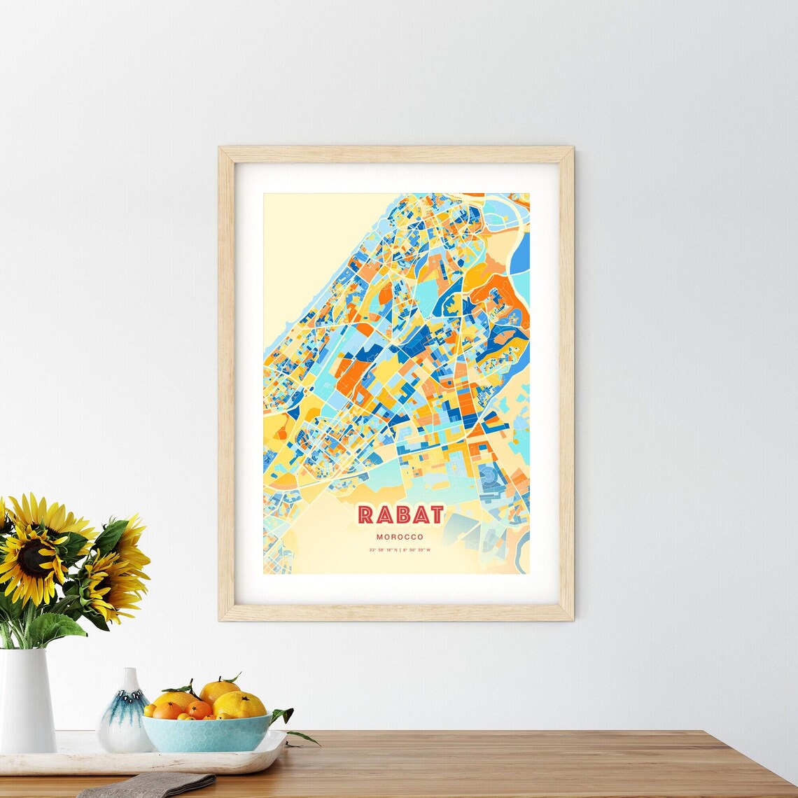Rabat Morocco Colorful Blue and Orange City Street Map Poster - Image 2