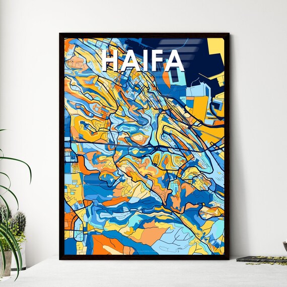 Haifa Israel Stylish Vibrant Blue and Orange Mosaic City Map Poster