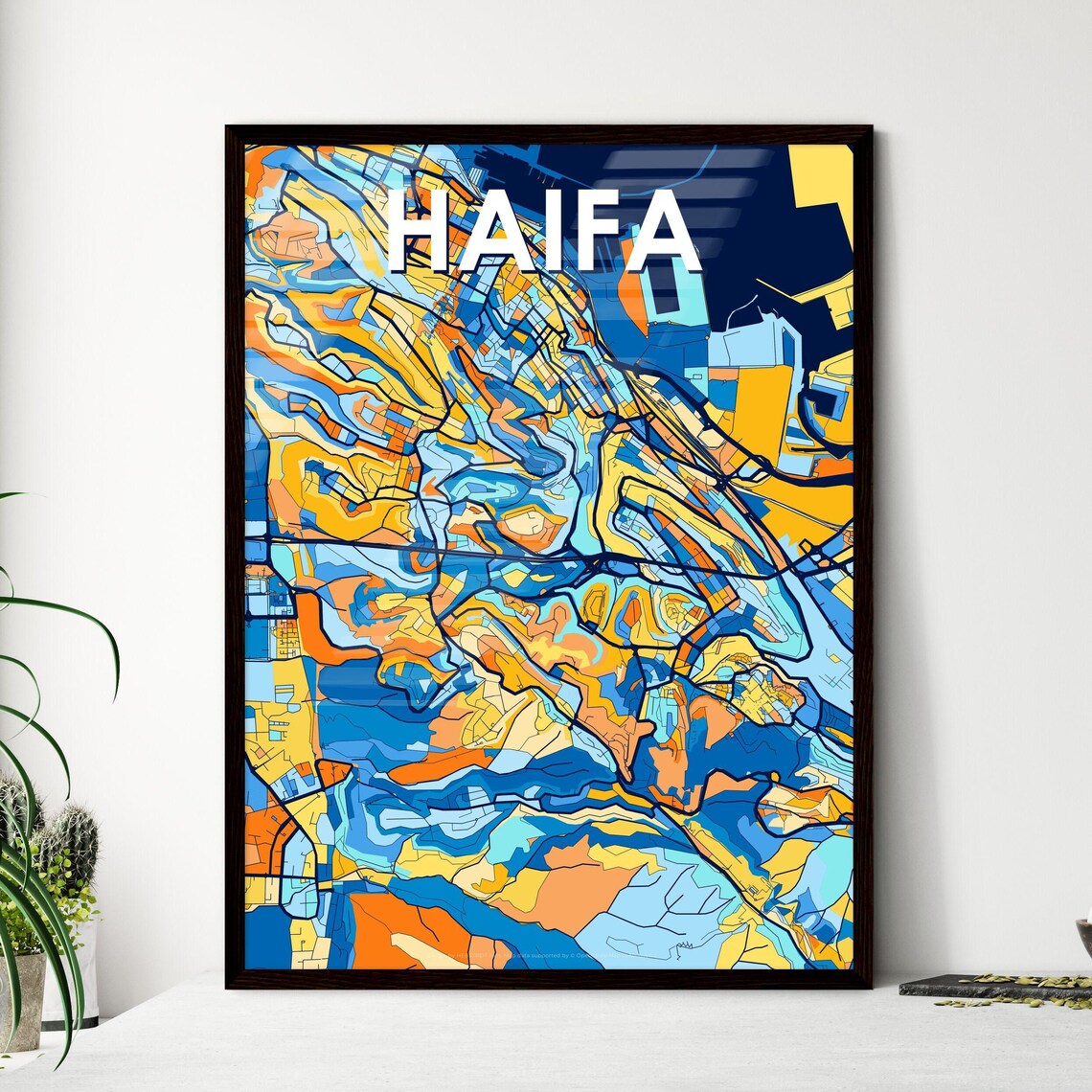 Haifa Israel Stylish Vibrant Blue and Orange Mosaic City Map Poster