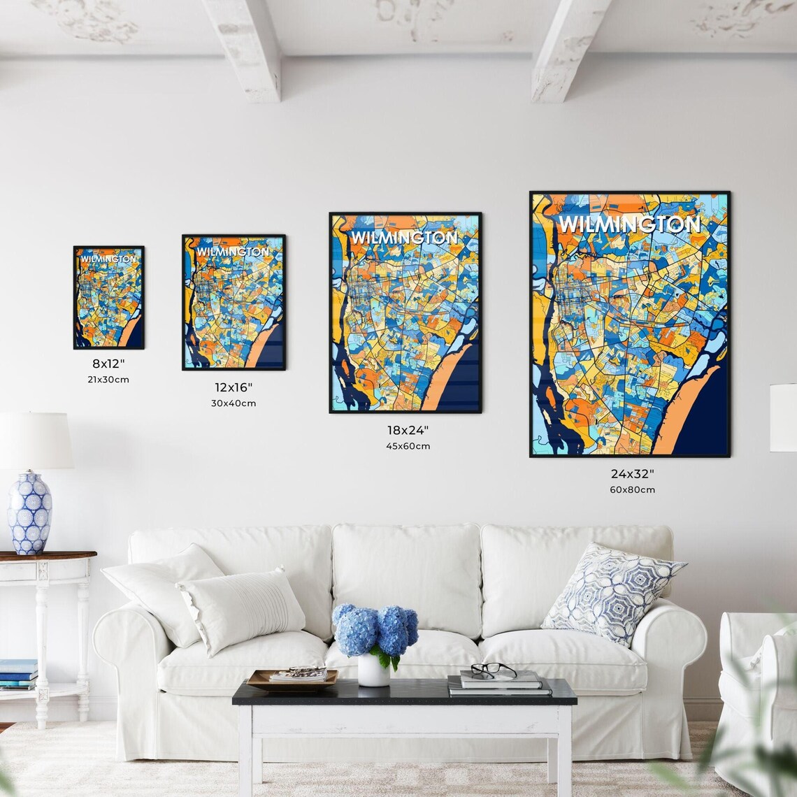 Wilmington North Carolina Stylish Vibrant Blue and Orange Mosaic City Map Poster - Image 3