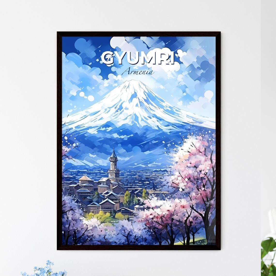 Gyumri Armenia Snowy Mountain Blossom Spring Travel Poster Art