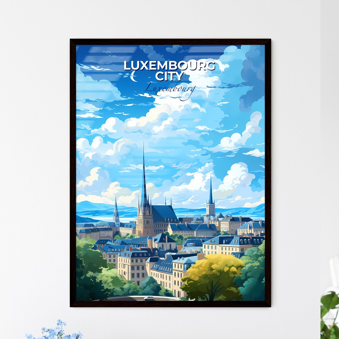 Luxembourg City Cathedral Spires Old Town Moon Travel Poster