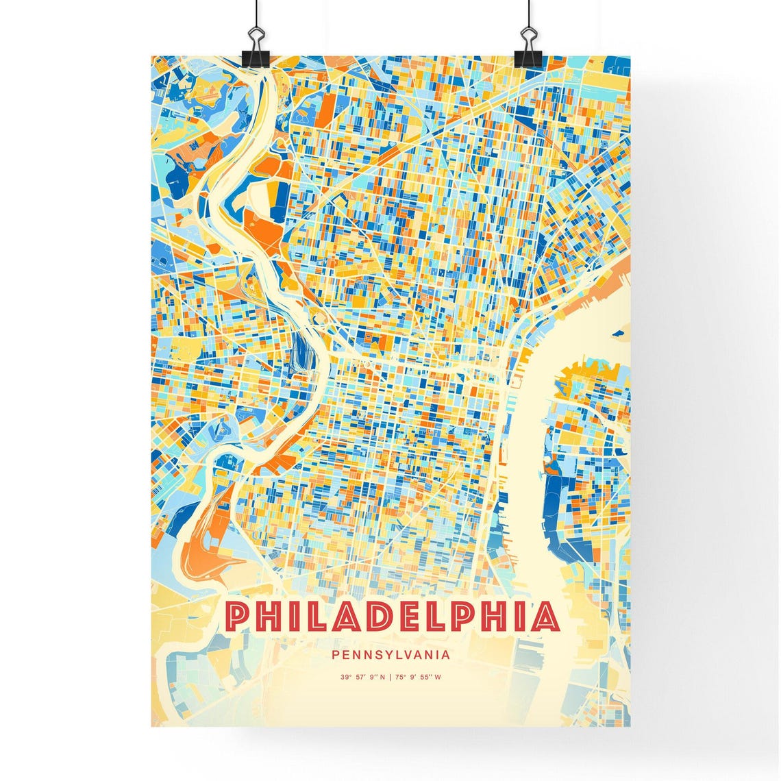 Philadelphia Pennsylvania Blue and Orange City Map Art Poster - Image 3