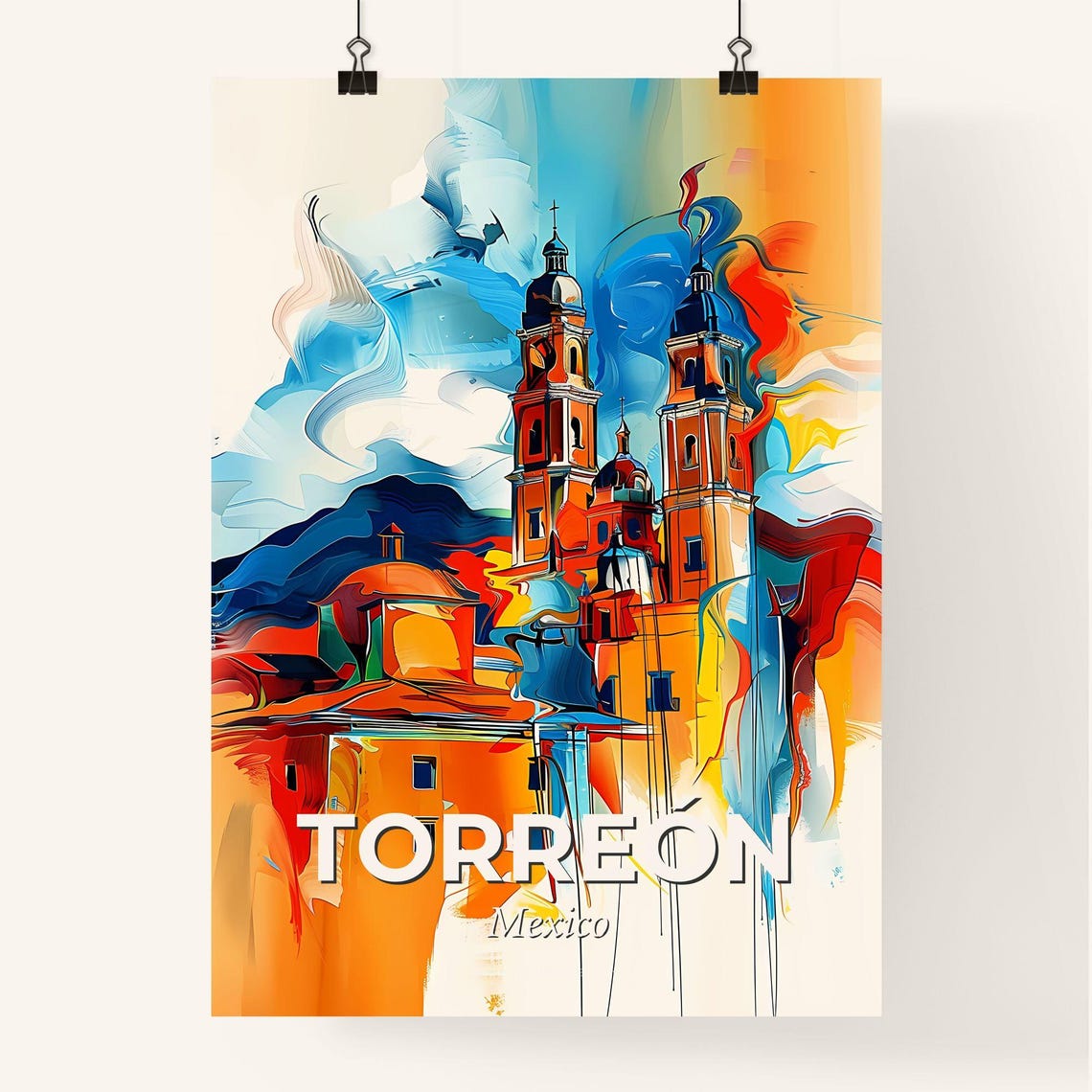 Torreon Mexico Colorful Abstract Twin Church Towers Art Poster - Image 4