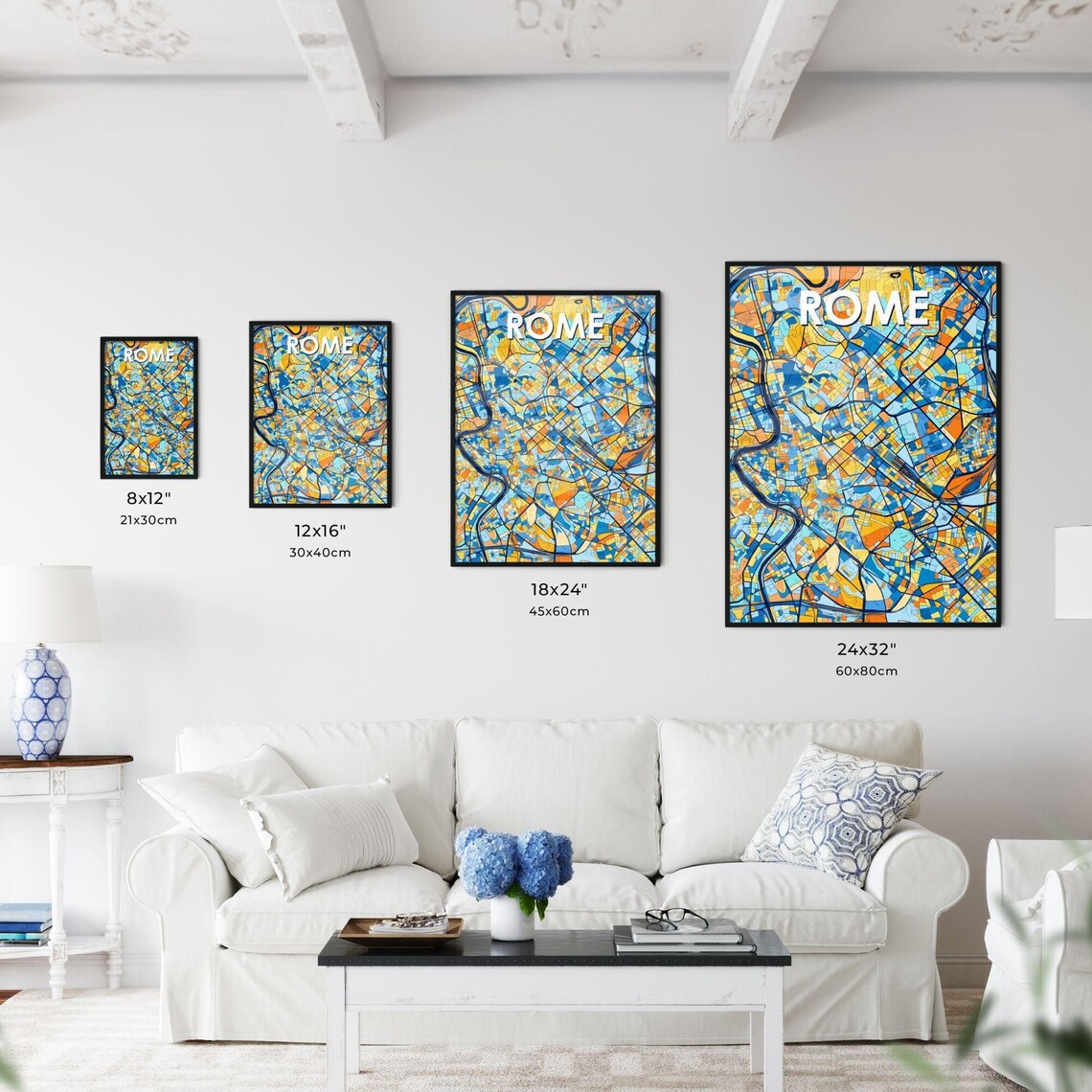 Rome Italy Vibrant Geometric City Map Art Poster in Blue and Orange - Image 3