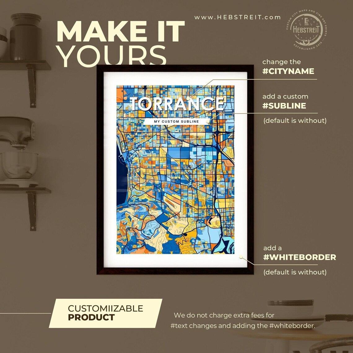 Torrance California Stylish Vibrant Blue and Orange Mosaic City Map Poster - Image 2