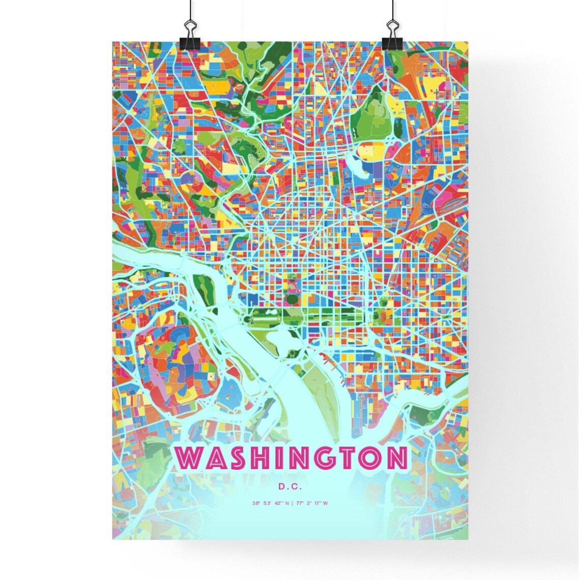 Washington DC Colorful City Map Art Poster in Pink and Turquoise - Image 3