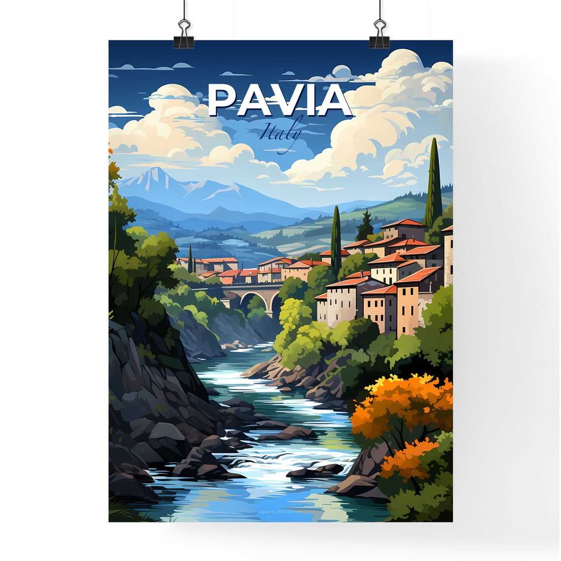 Pavia Italy River Valley Stone Bridge Village And Mountains Poster - Image 4