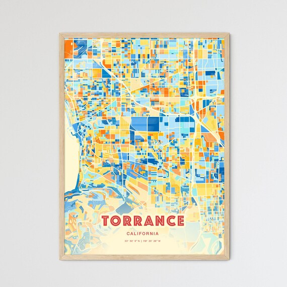 Torrance California Blue Orange Colorful City Street Map Poster