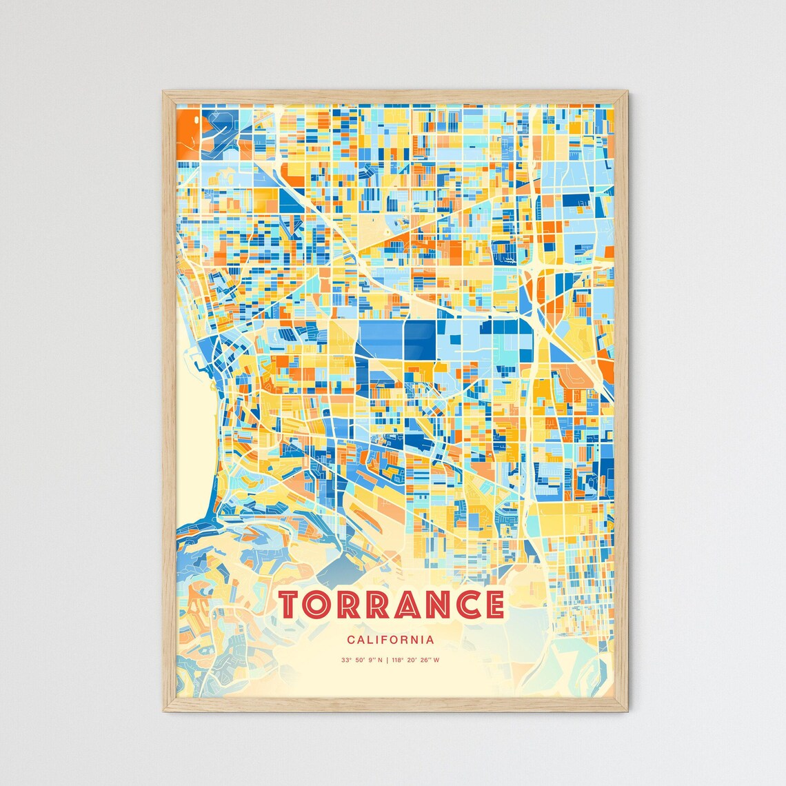 Torrance California Blue Orange Colorful City Street Map Poster