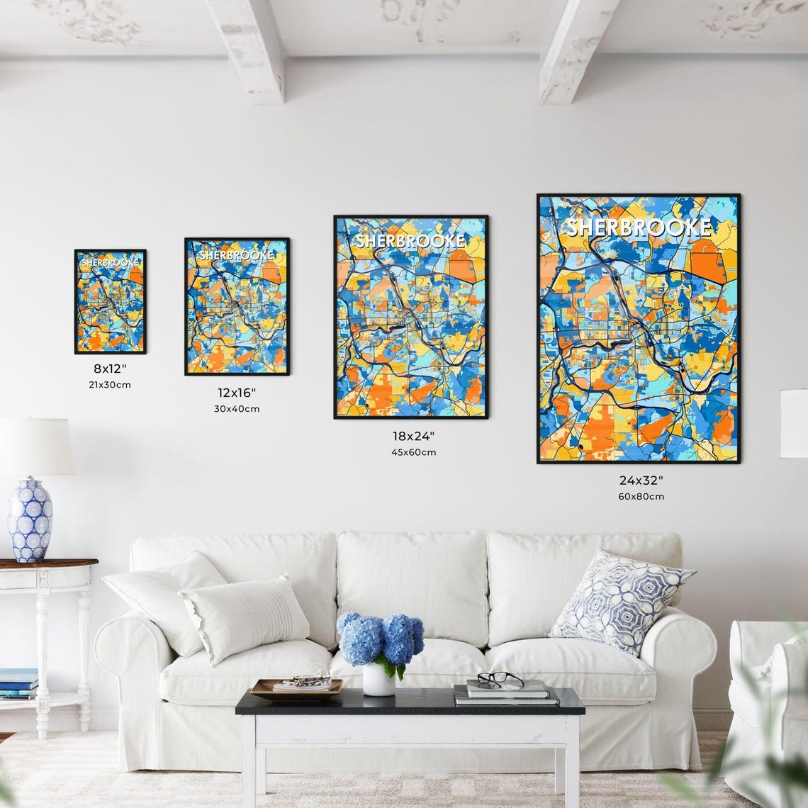Sherbrooke Canada Bold City Map Art Poster in Navy Orange and Yellow - Image 3
