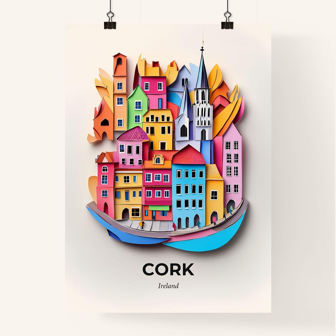 Cork Ireland Colorful Paper Cut Old Town Skyline Scene Poster - Image 4