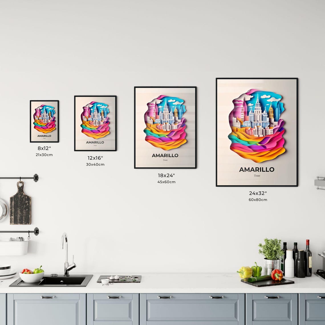 Amarillo Texas Skyline Colorful Rainbow Paper Cut Art Poster - Image 3