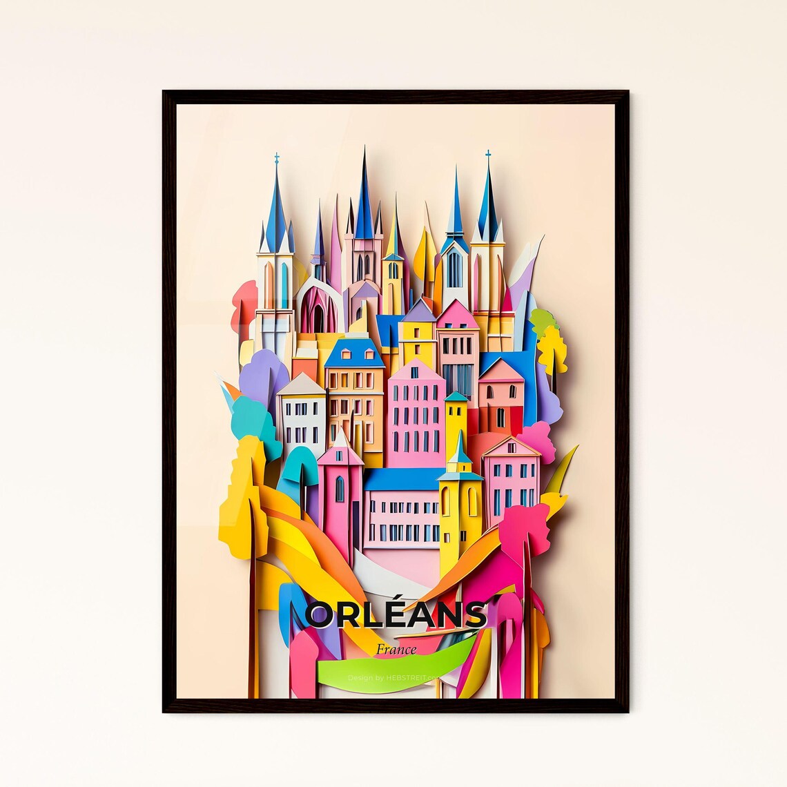 Orleans France Colorful Cathedral Spires 3D Paper Cut Art Poster