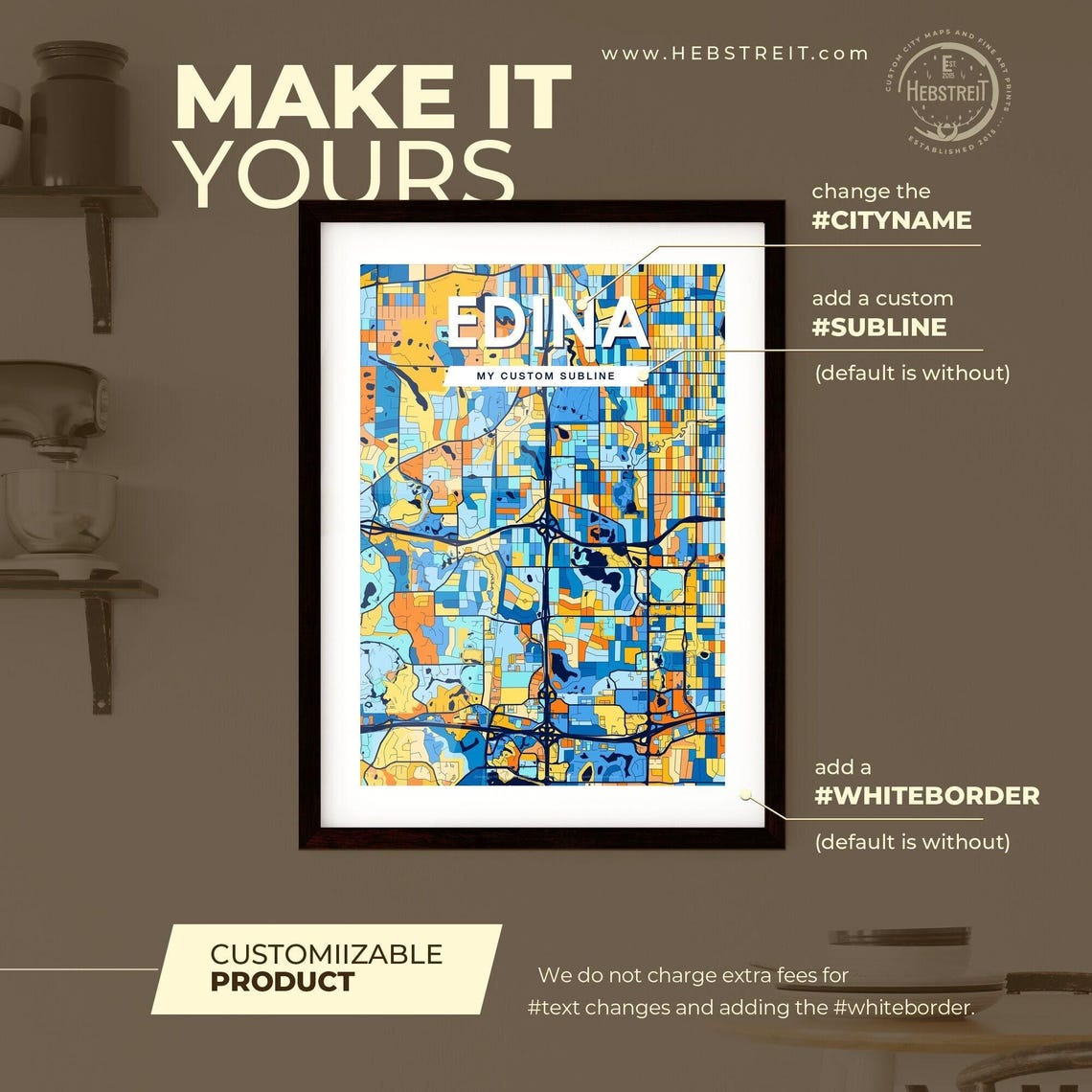 Edina Minnesota Bold Vibrant Blue and Orange City Map Poster - Image 2