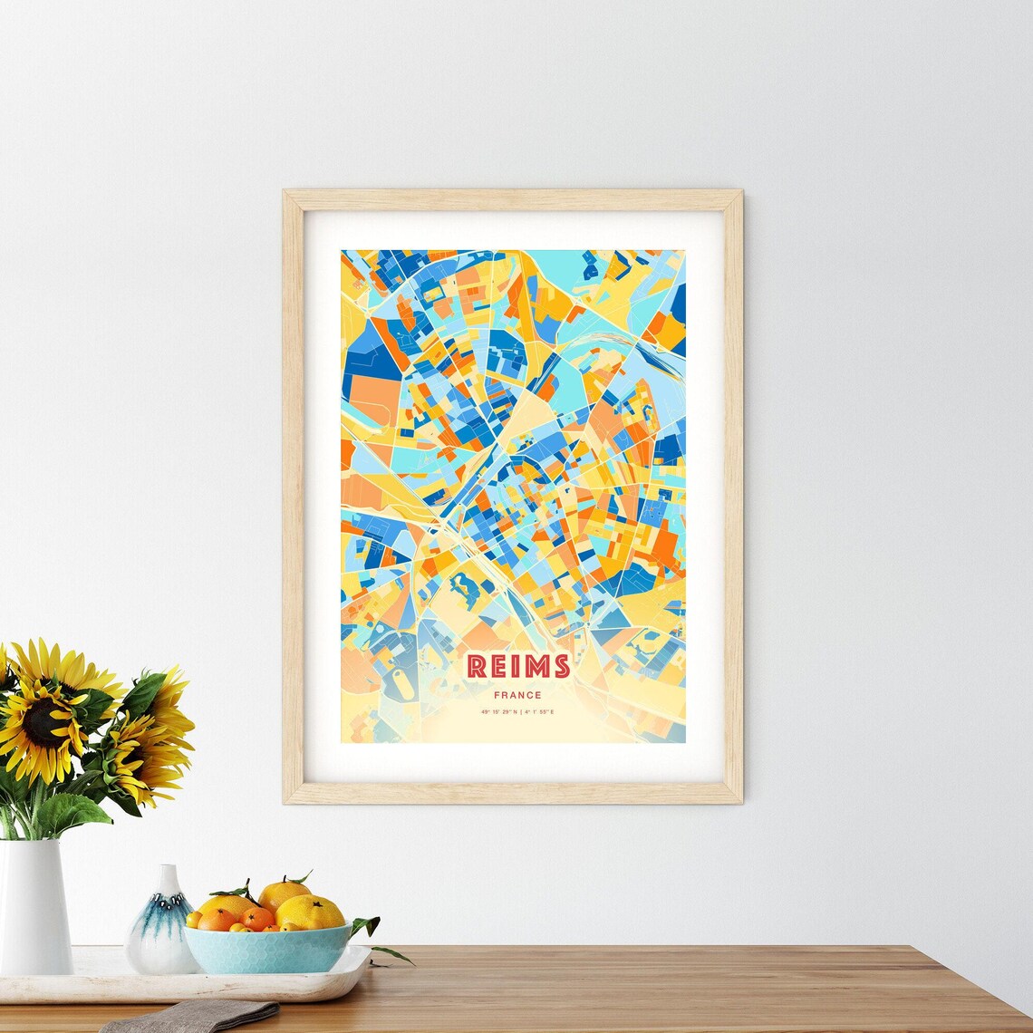 Reims France Colorful Blue Orange Champagne City Map Art Print - Image 2