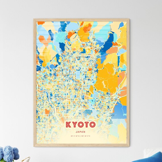 Kyoto Japan Colorful City Map Poster Blue Orange Iconic Travel Wall Decor
