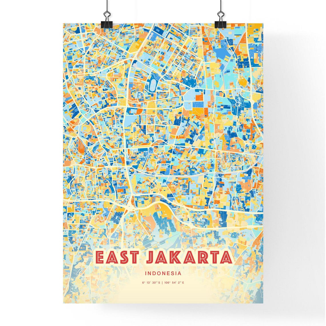East Jakarta Indonesia City Map Abstract Blue Orange Modern Art Print - Image 3