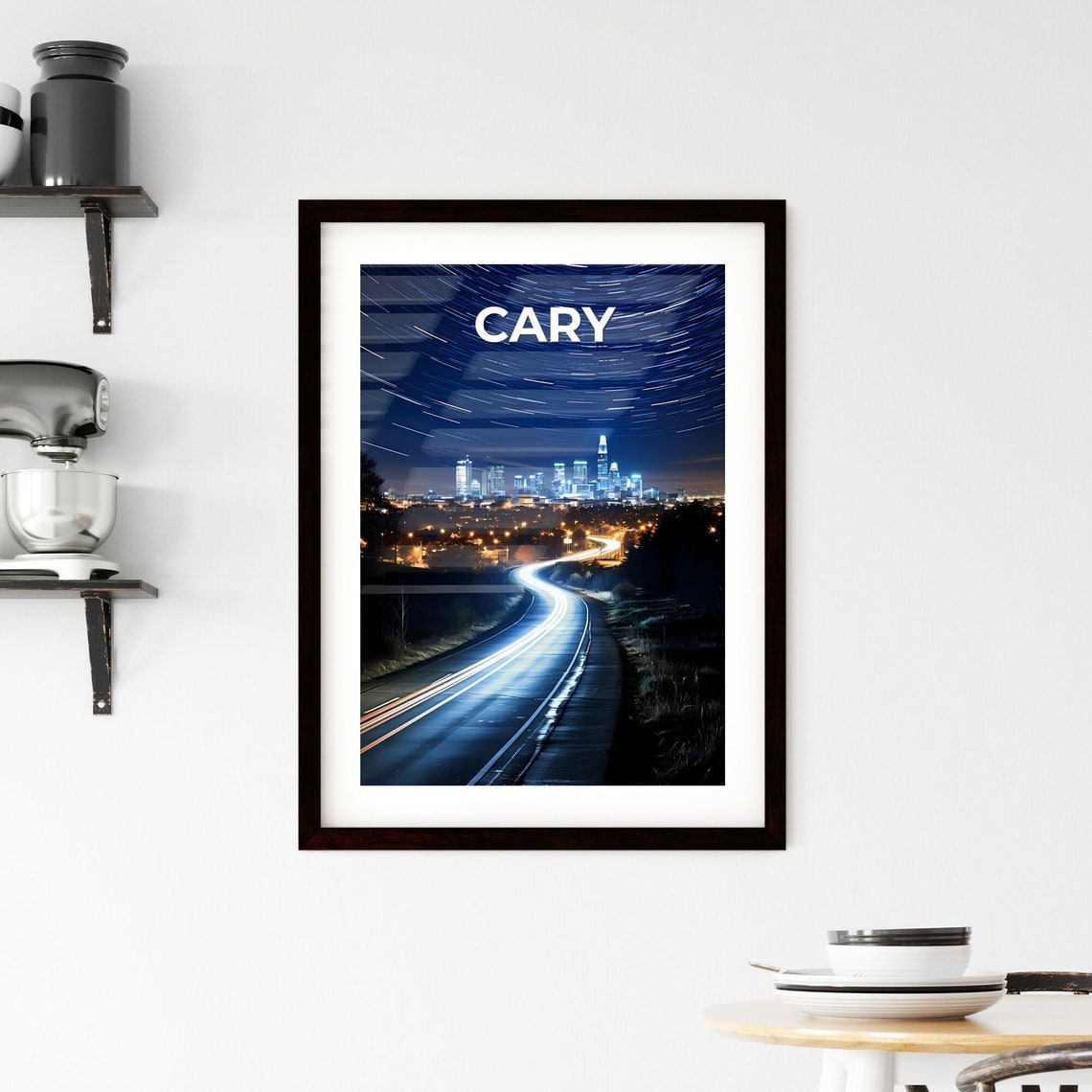 Cary Night Skyline Road Light Trails Under Starry Sky Poster - Image 2