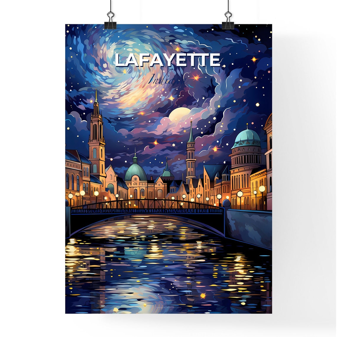Lafayette Indiana Starry Night River Bridge Old Town Art Poster - Image 4