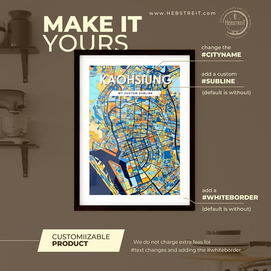 Kaohsiung Taiwan Bold Vibrant Blue Orange Mosaic City Map Poster - Image 2