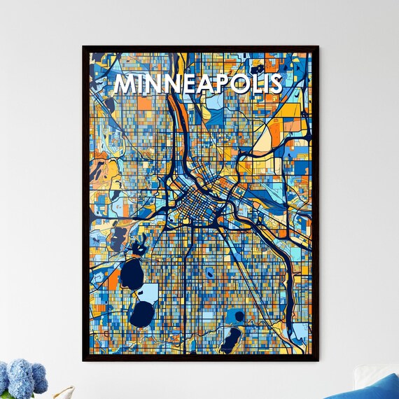 Minneapolis Minnesota City Map Art Poster Navy Blue Orange Street Blocks