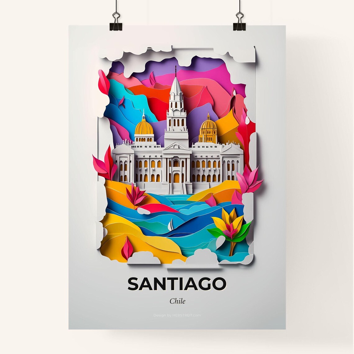 Santiago Chile White Palace Golden Domes Paper Cut Travel Poster - Image 4