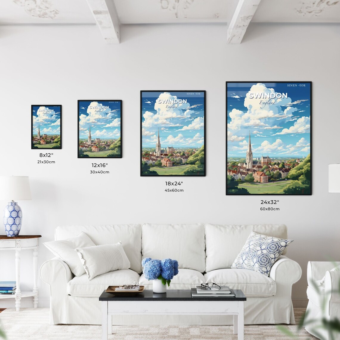 Swindon England Church Spire Town Rooftops Cloud Sky Travel Poster - Image 3