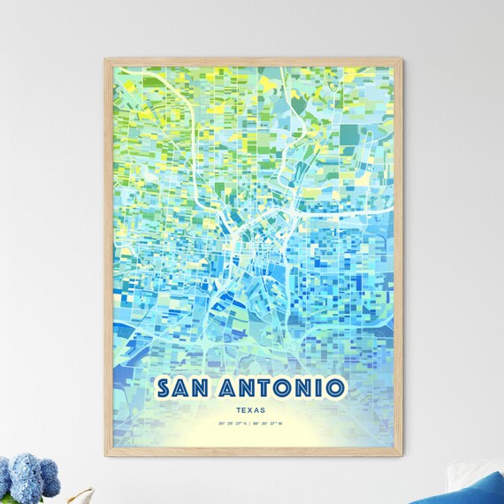 San Antonio Texas Bluish Watercolor Modern Decorative City Map Art Poster