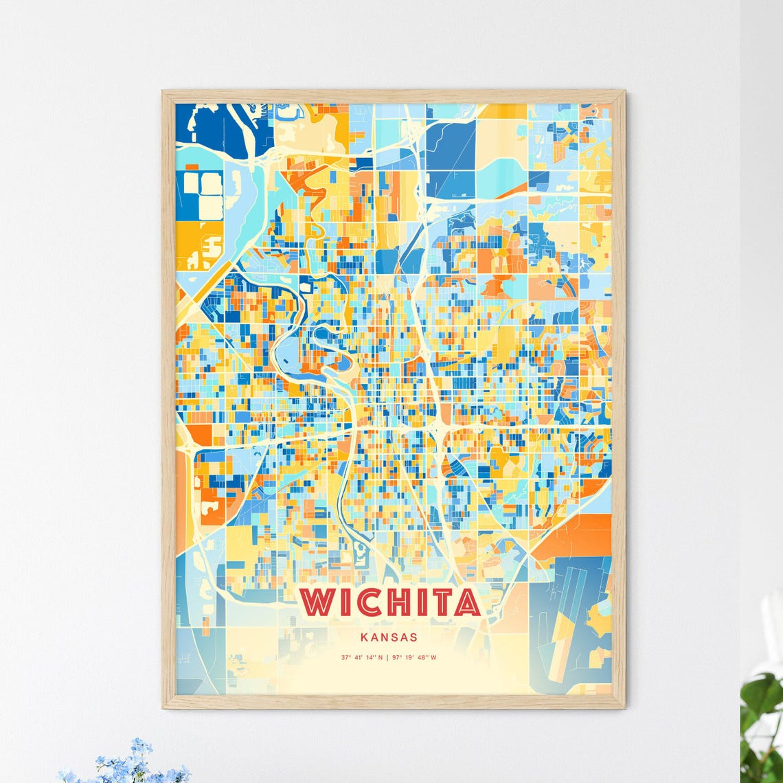 Wichita Kansas City Street Map Art Poster Blue Orange Coordinates